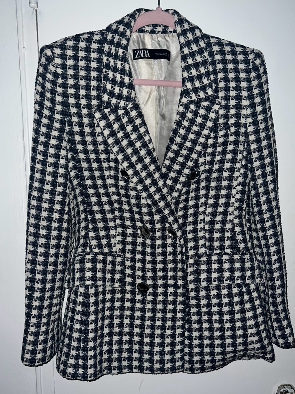 Zara Black & White Houndstooth Double-Breasted Blazer